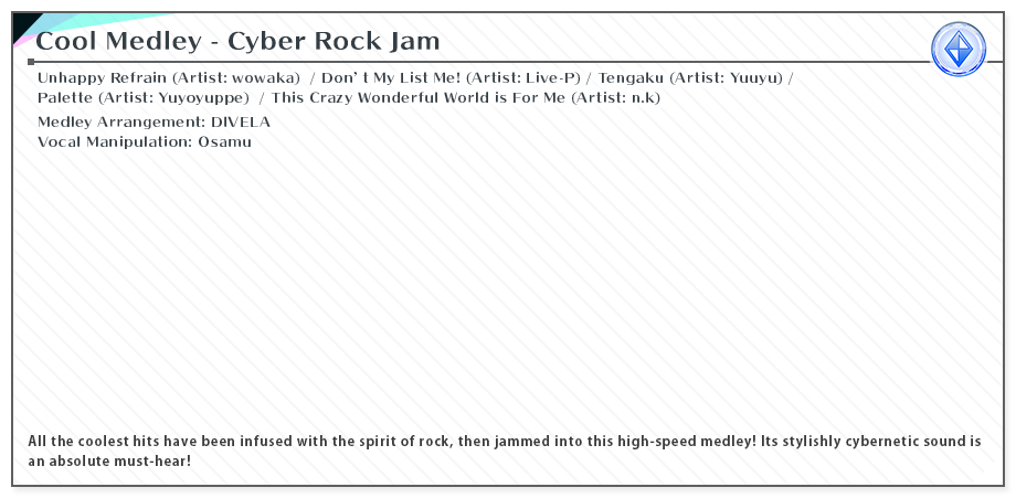 Cool Medley ~Cyber Rock Jam~ | Artists: wowaka / Live-P / Yuuyu / Yuyoyuppe / n.k | Medley Arrangement:DIVELA | Vocal Manipulation: Osamu